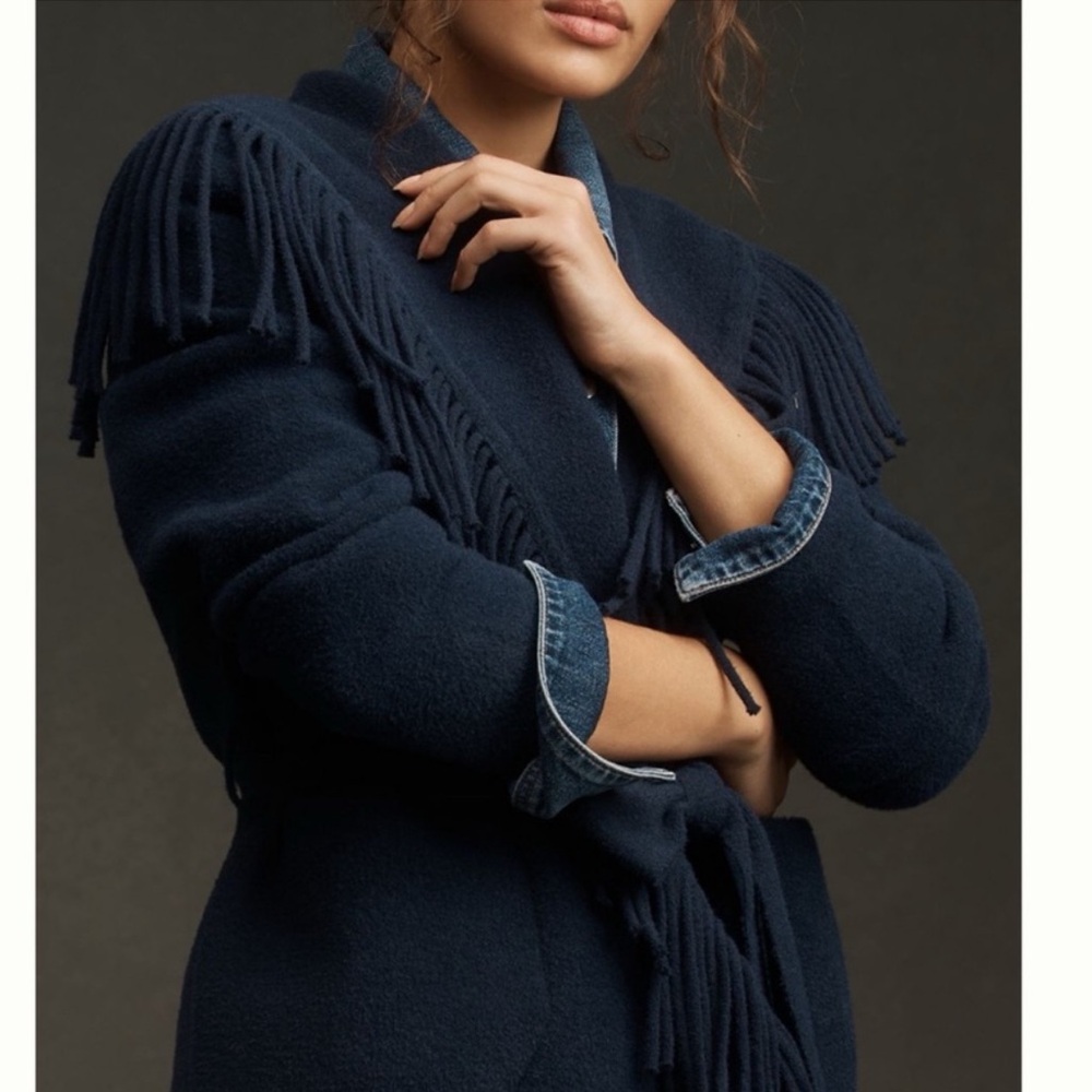 ANTHROPOLOGIE NVLT Navy Blue Fringe sweater coat